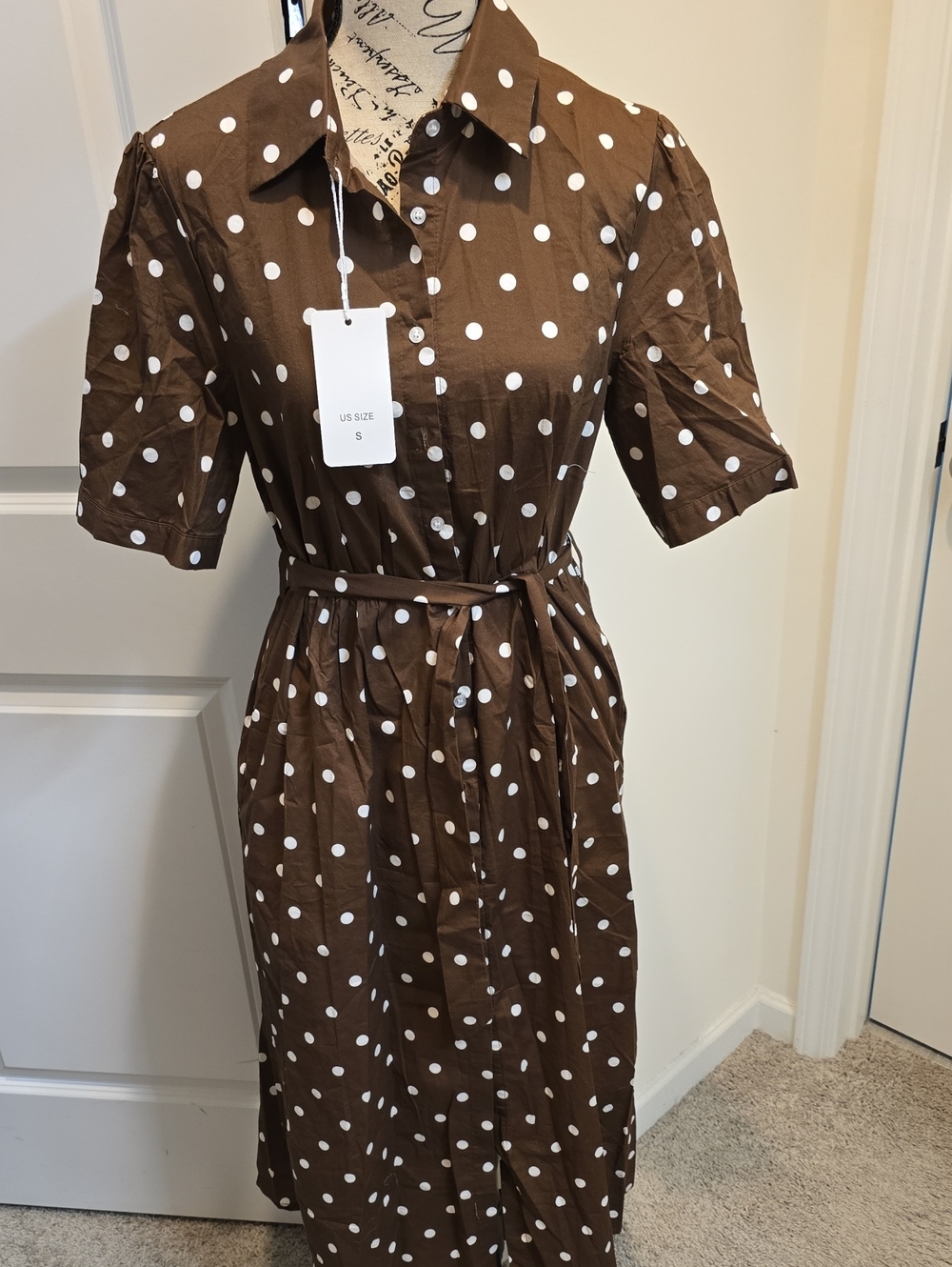 Polka Dot Midi Shirt Dress with Tie Waist - Brown & White